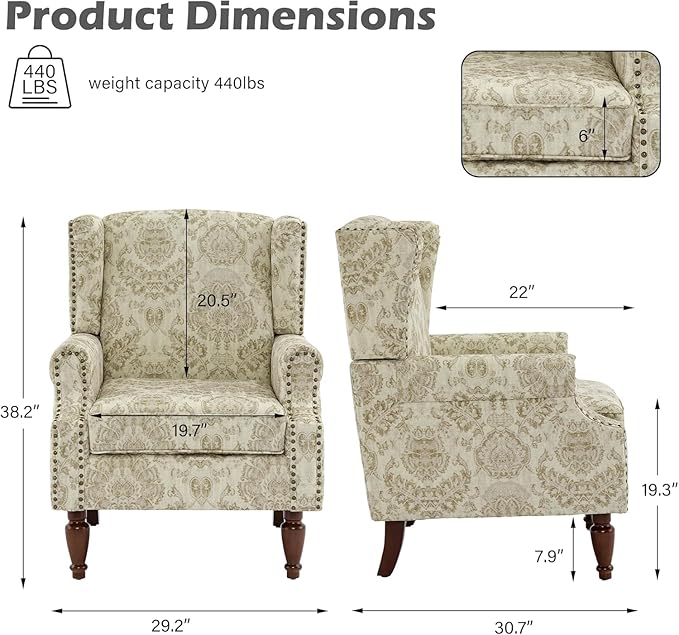 UIXE High Back Floral Accent Chair, Upholstered Armchair in Fabric for Living Room, Retro Wingback Arm Chair Comfy Single Sofa Bedroom Reading Seat with Solid Wood Legs, White