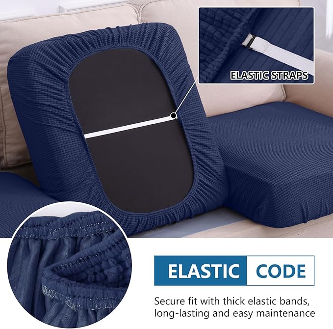 hyha Waterproof Sectional Couch Covers, Non Slip Sofa Couch Cushion Covers L Shape, Thick Stretch Jacquard Fabric, Washable Sofa Slipcovers with Elastic Bottom (1 Piece for Chaise, Navy)