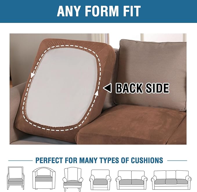 H.VERSAILTEX Velvet Stretch Couch Cushion Cover Plush Cushion Slipcover for Sofa Cushion Furniture Protector Seat Cushion Sofa Cover (3 Piece Sofa Cushion Covers, Caramel)