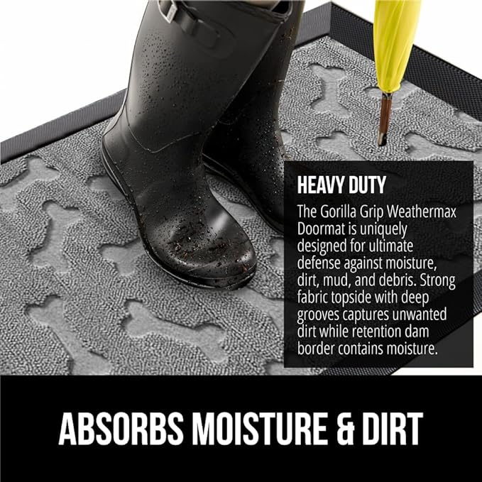 GORILLA GRIP 100% Waterproof All-Season WeatherMax Doormat, US Designed Natural Rubber, Stain and Fade Resistant, Low Profile Indoor Outdoor Door Mats, Easy Clean Patio Mat, 17x29, Light Gray Bones