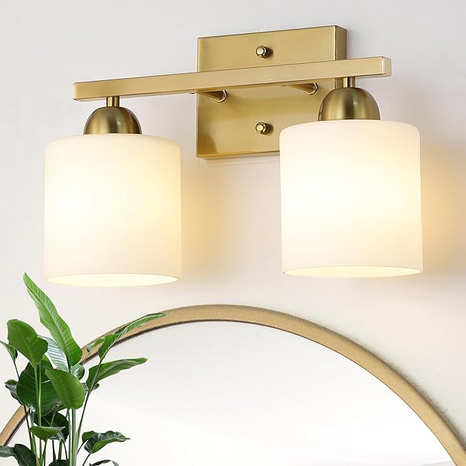 Stainless Steel Milk Glass Vanity Lights for Bathroom, 2 Light Gold Bathroom Light Fixtures Over Mirror, Ceramic E26 Sockets Wall Mounted