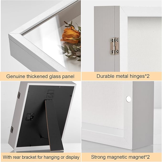 5x7 Deep Shadow Box Picture Frame Display Case with Linen Back and Stand,Real Glass Small Mini White Shadow Memory Box Frame 5x5 for Insect Display Pet Photo Memorial Flower Art Craft Gift