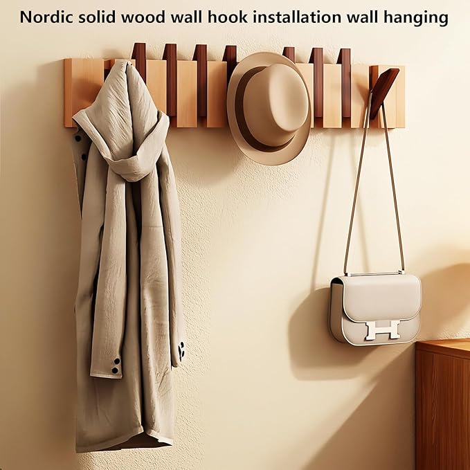 Wall Mounted Piano Key Hanger | Flip Style Hook | Entrance Wall Art Hook, Made of Oak Wood (3 Times Painted, 4 Times Polished) (Walnut-Beech, 6Hooks)