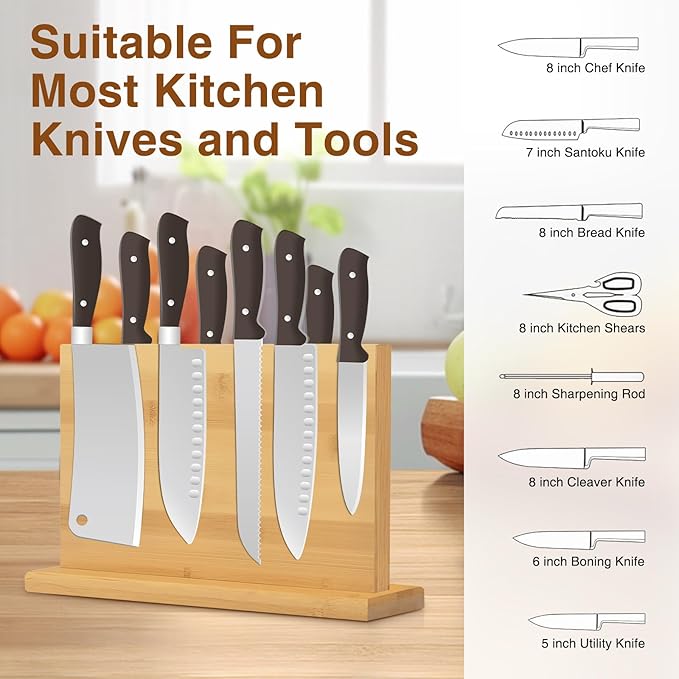 Magnetic Knife Block 28 x 19 Inches, Double Sided Magnetic Knife Holder Rack for Kitchen Counter, Acacia Wood Magnetic Knife Storage Stand with Knife Sharpener