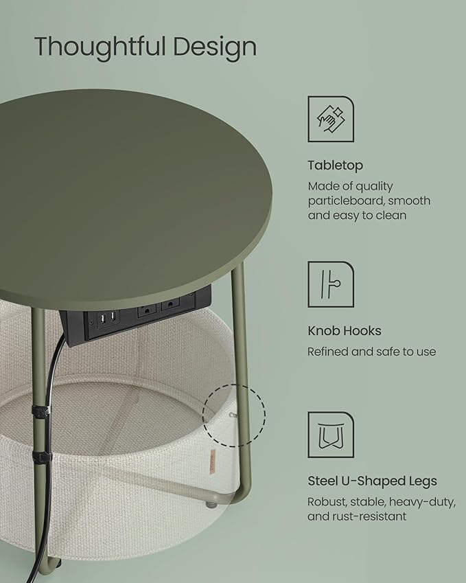 VASAGLE Side Table with Charging Station, Round End Table with Fabric Basket, Nightstand with Power Outlets, USB Ports, for Living Room, Bedroom, Modern, Forest Green and Cream White ULET228C04