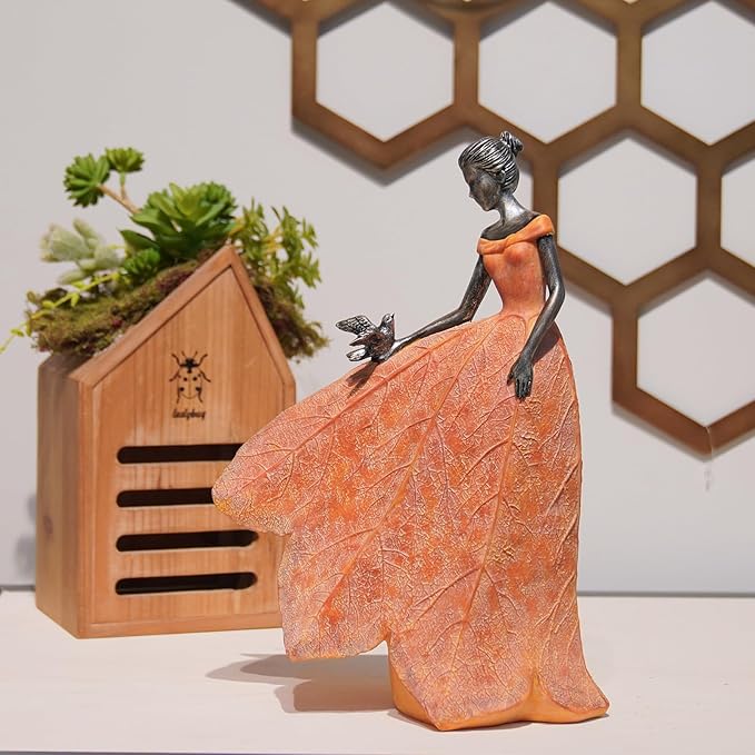 Guichifun Fairy Statue Collection Home Decoration - Orange Leaf Angel Girls Resin Fall Decor for Outside or Inside Rustic Garden Outdoor Yard Decorations Figurines Gift 8.5 x 5.25 x 12 Inch