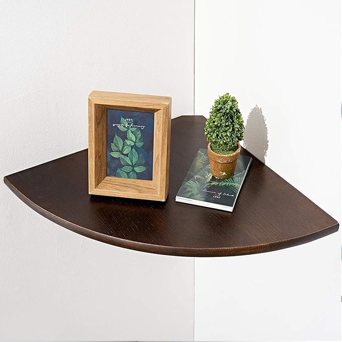 Corner Shelf,16inch Walnut Solid Wood Floating Corner Shelves Wall Mount Round End Floating Speaker Rack with Wire Hole for Small Plant for Bedroom Kitchen, Living Room