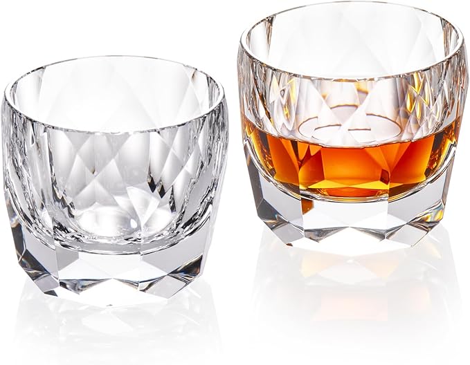 KAMMAK Crystal Whiskey Glasses Set of 2, 7.1oz Old Fashioned Glasses Stemless, Hand Blown White Cocktail Glasses, Luxury Handcrafted Cut Ice Ball Cup for Women, Perfect Men Gift for Bourbon