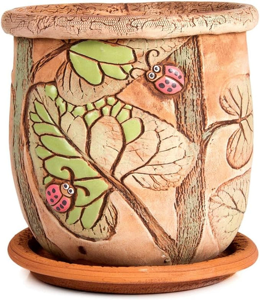 Ceramic Pot with Drainage Hole and Saucer, Plant Pots, Modern Decorative Planters for House Plants Indoor Flowers Plants, Cute Flower Pot - Gifts (Ladybugs (1.6 L))