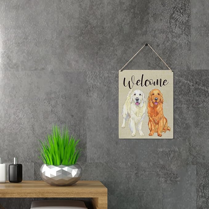 Qious Welcome Sign Gift Farmhouse Welcome Golden Retriever Wooden Hanging Sign Plaque Modern Wall Art Decor for Home Decoration 10 x 8 Inches