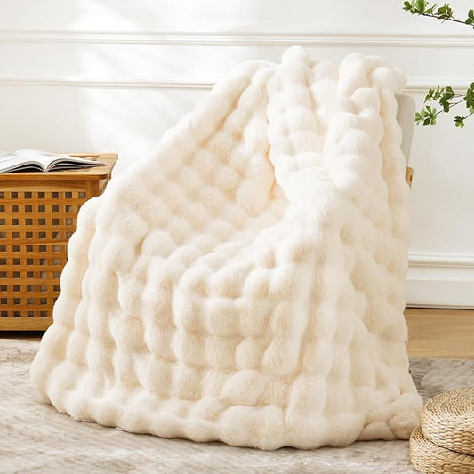 BENVWE Fluffy Faux Fur Throw Blanket for Couch, Soft Plush Thick Cozy Fuzzy Luxury Minky Bubble Blanket for Home Living Room Decor Gift for Women, Warm Ivory, 50" x 60", 1100GSM
