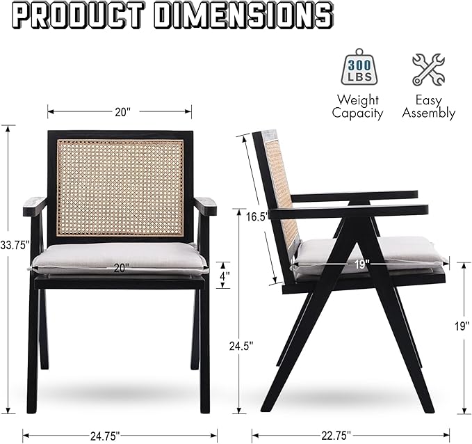 Rattan Dining Chairs Set of 2, Farmhouse Wicker Dining Chairs with Removable Linen Cushion Accent Cane Armchair for Dining Room Kitchen Restaurant, Black