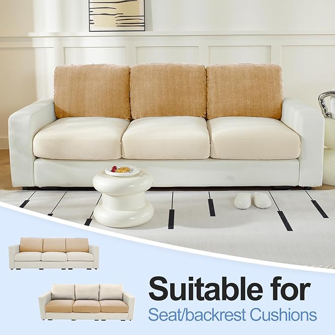 Large Backrest Cushion Covers Super Stretch Backrest Covers for 3 Cushion Couch Sofa, Couch Back Cushion Covers Featuring with Chenille Yarn (Softer Version, 3PC, Khaki)