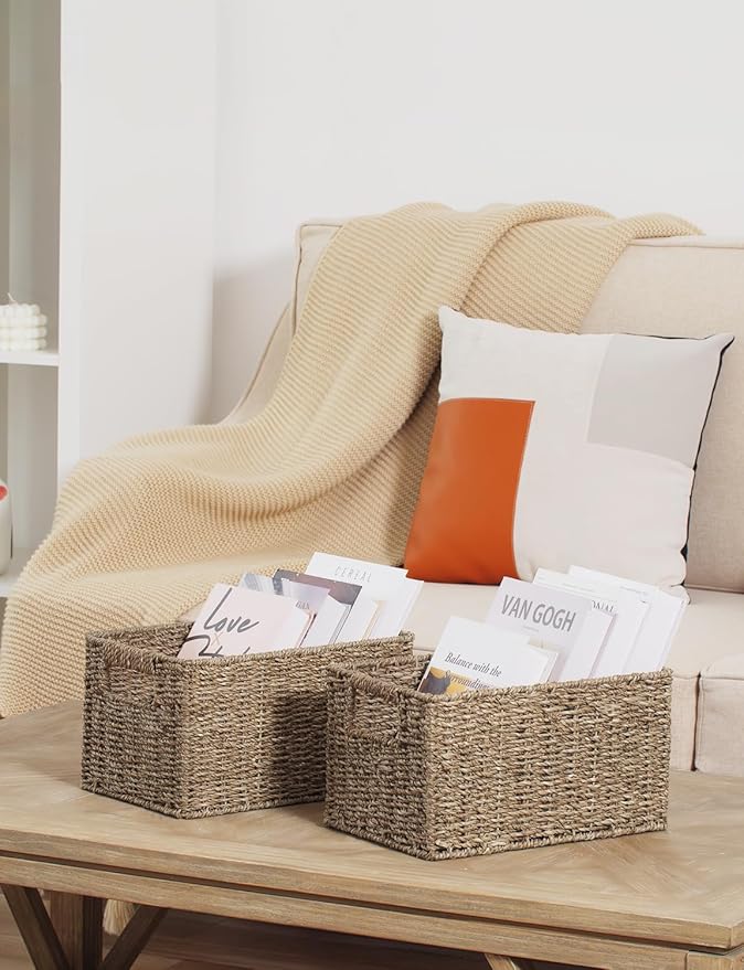 StorageWorks Wicker Storage Basket for Organizing, Medium Seagrass Storage Baskets with Built-in Handles for Pantry, Shelves,2-Pack