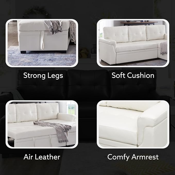 Naomi Home Transform Any Space: Sleeper Sectional Sofa with Convertible Sofa Bed & Inviting Chaise. Find Tranquil Comfort with Stress-Relieving Design & Durable Cushions - White/Air Leather