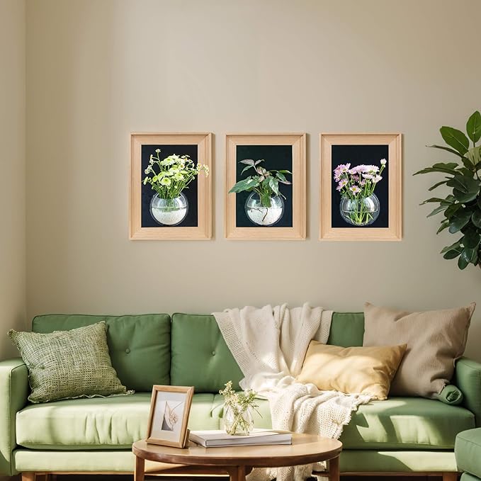 Natural Wooden Frame Wall Hanging Planter for Hydroponic Plants, 12'' x16''inch Wall Vase with Round Acrylic Propagation Station，Bathroom, Office, or Living Room Décor, Set of 3