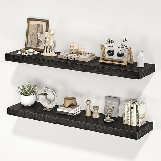 Floating Shelves for Wall, 40" W x 8" D x 1.5" H, Wooden Wall Mounted Display Shelves with Invisible Brackets for Living Room, Bedroom, Bathroom, Kitchen Decor and Storage, Set of 2, Black
