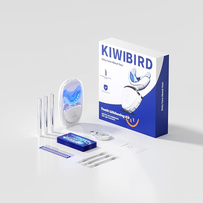 KIWIBIRD Teeth Whitening Kit for Sensitive Teeth – 3 Gel Pens, LED Light with Wireless Charging Case, IPX7 Waterproof, Enamel-Safe at-Home Dental Care Tool