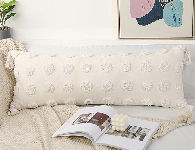 PANOD Decorative Long Lumbar Pillow Cover 14x36 Boho,Super Soft Chenille Extra Long Lumbar Pillow Case Cover with Tassel for Bed Sofa Couch Farmhouse Livingroom,White,Modern Skinny
