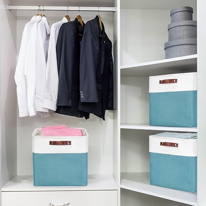 13x13 Cube Storage Bins, Collapsible Fabric Storage Box, 4 Pack Closet Baskets with Handles for Organizing, Shelf, Toys, Clothes, Home, Office, Nursery (Teal&White)