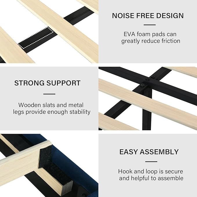 Twin Bed Frame, Velvet Upholstered Platform Bed with Vertical Channel Tufted Headboard and Footboard, No Box Spring Required, Easy Assembly, Blue