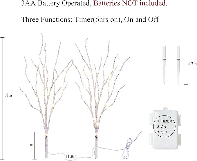 Birchlitland Lighted Birch Branches with Timer Battery Operated 18IN 70L Warm White LED Fairy Lights, Artificial Decorative Branch Lights for Home and Holiday Decoration Indoor Outdoor