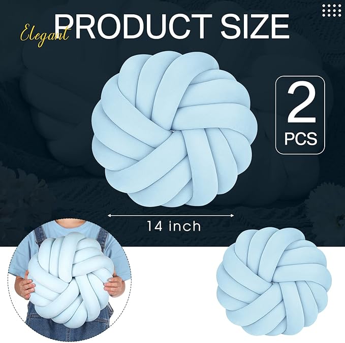Fumete 2 Pcs 14 Inches Knot Pillow Round Throw Soft Plush Knot Ball Pillow Handmade Knotted Modern Home Decorative Cushion for Bed Bedroom, Sofa, Couch (Sky Blue)