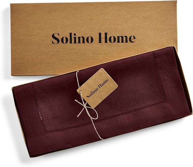 Solino Home Linen Burgundy Table Runner 72 Inches Long - 100% Pure Linen Hemstitch Table Runner 14 x 72 Inch for Dresser, Dining, Fall, Autumn, Halloween, Thanksgiving - Classic Hemstitch