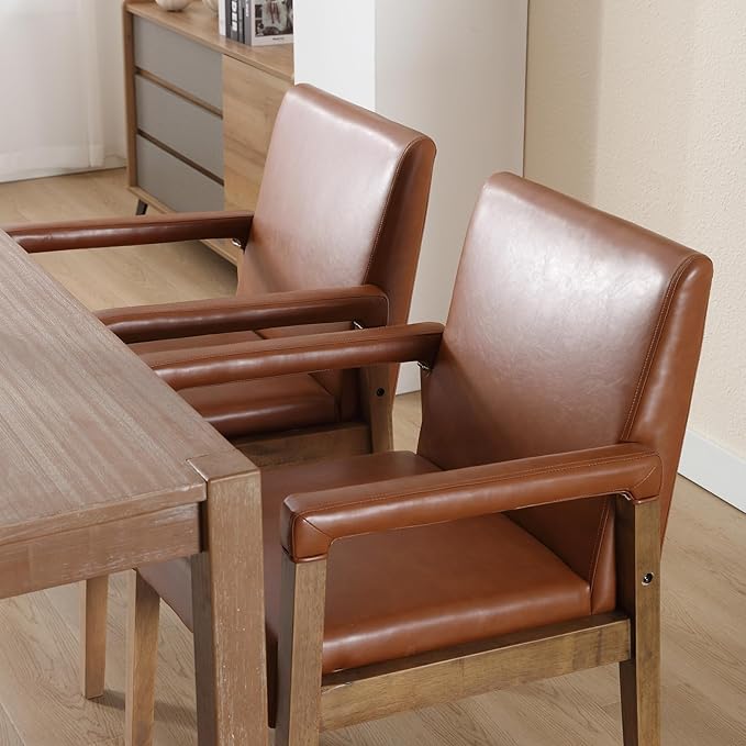 Mid Century Modern Dining Chairs Set of 4 Faux Leather Upholstered Living Room Side Chair, Kitchen Arm Chair with Solid Wood Legs for Home Kitchen & Restaurant, PU Brown