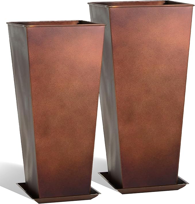 KOL 25'' & 28'' Tall Galvanized Steel Planter with Saucer, Metal Planter Pots for Indoor & Outdoor Use, Decorative Flower Plant Pots with Drainage Hole for Front Porch, Patio, Deck - Rust Color