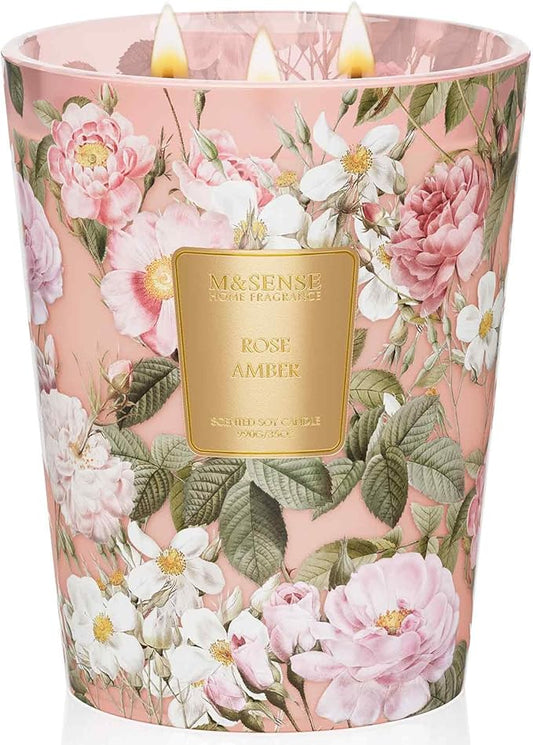 M&SENSE Extra Large Candle Rose Amber Scented, 3-Wick 35oz 150H Long Lasting, Natural Soy Wax Aromatherapy Candle for Stress Relief, Home Fragrance Housewarming Gifts Candle for Home Decor