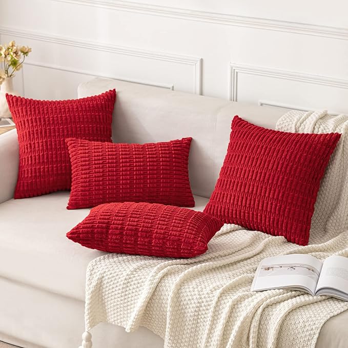 MIULEE Pack of 2 Christmas Red Corduroy Decorative Pillow Covers 20x20 Inch Soft Boho Striped Throw Pillow Covers Modern Farmhouse Home Decor for Sofa Living Room Couch Bed