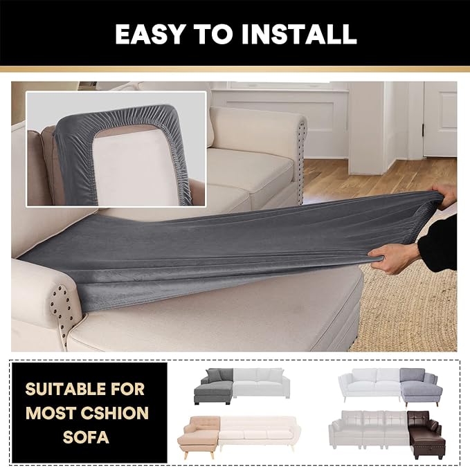 PrinceDeco Sectional Couch Covers Velvet Couch Cover for Dogs Washable L Shaped Couch Cover 1 Piece Individual Sectional Couch Covers with Elastic Bottom(Chaise Lounge,Grey)