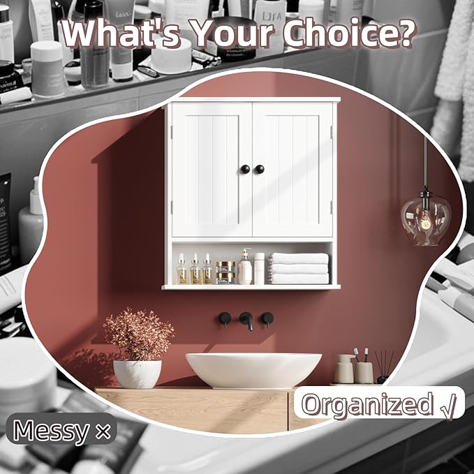 White Bathroom Cabinet Wall-Mounted, Storage Cabinets with Adjustable Shelves, Space-Saving Organizer with 2 Doors for Bathroom, Laundry, Kitchen - Moisture Resistant & Easy Install