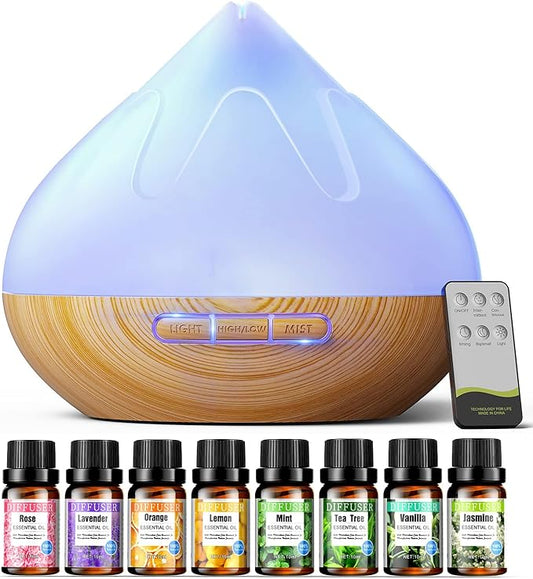 Aroma Diffuser with Essential Oils Set, 500 ML Essential Oil Diffuser with Remote Control, Humidifier with 14 Color Lights for Large Room, 4 Timer Setting, Auto Shut-Off