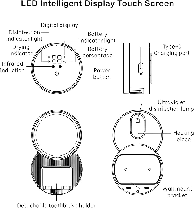 Toothbrush Holders Cleaner & Dryer for Bathroom - Mirror Wall Mounted [Rechargeable, Auto Sensor Open/Close Lid, LED Smart Screen] Adhesive Electric Tooth Brush Razor Holder with Cover for Home Travel