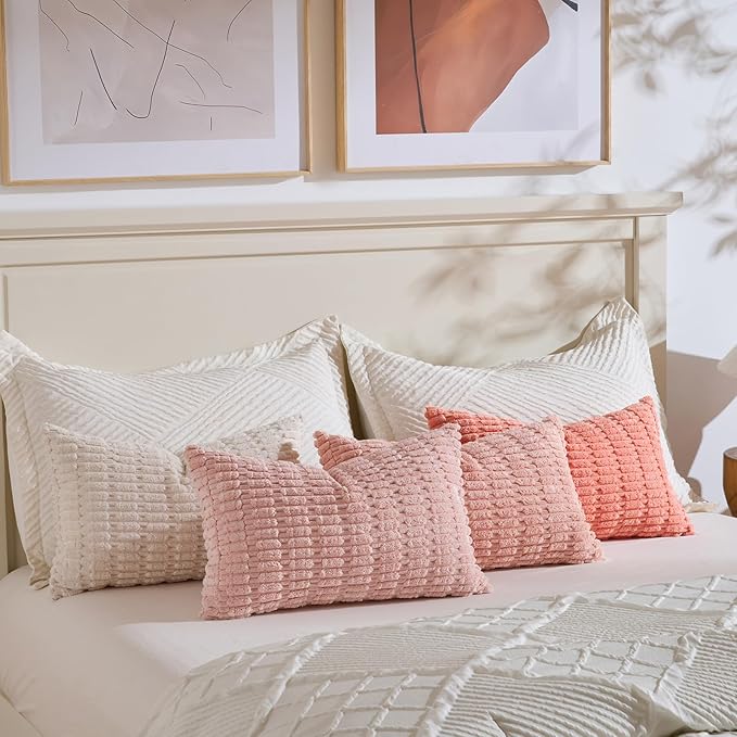 Fancy Homi 4 Packs Blush Pink Boho Lumbar Decorative Throw Pillow Covers 12x20 Inch for Couch Bed Sofa, Soft Striped Corduroy Rectangle Light Pink Coral Peach Cream Accent Cushion Case 30x50 cm