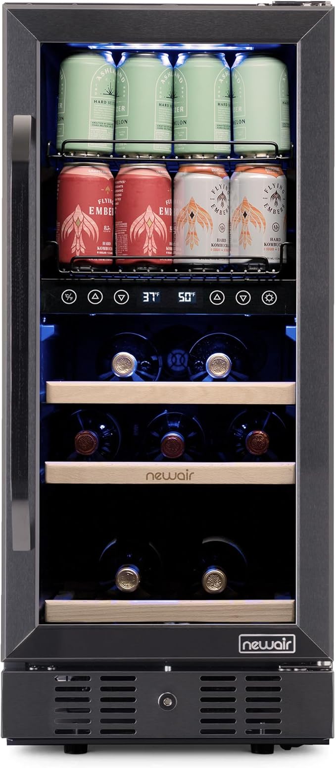 Newair 15" Wine and Beverage Refrigerator 9 Bottle and 48 Can Capacity, Beverage Cooler in Stainless Steel, Built-in or Freestanding Dual Zone Drink Fridge with Triple-Pane Glass Door
