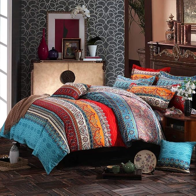 ABREEZE 3Pcs Bohemia Retro Bedding Ethnic Vintage Floral Duvet Cover Boho Bedding 100% Brushed Cotton Bedding Sets Damask Paisley Coloful Mandala Down Comforter Cover,Cal.King