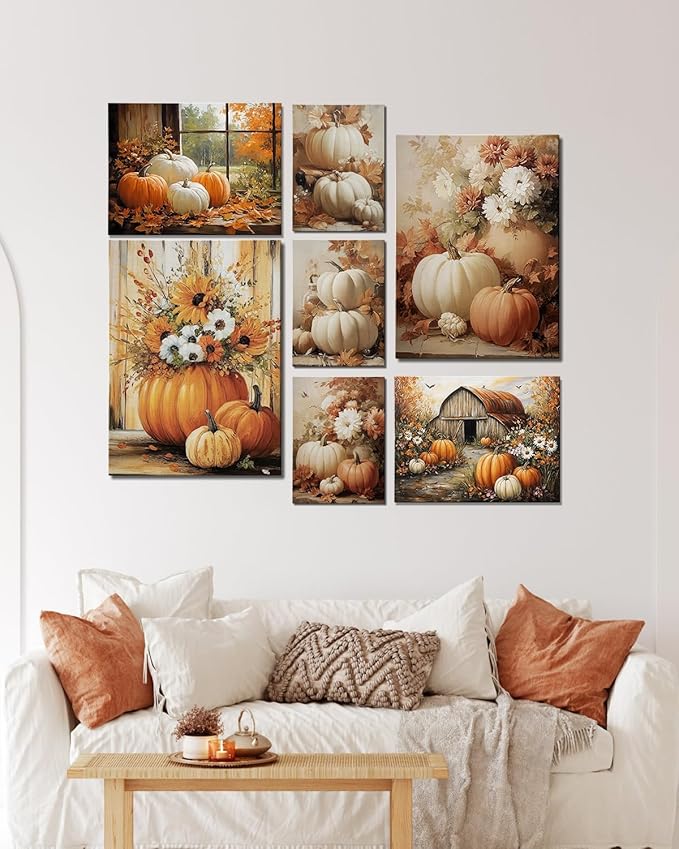AbcCustomize Fall Wall Art Pumpkin Floral Print, Vintage Thanksgiving Decorations Canvas for Autumn Decor, Rustic Daisy Farmhouse Wall Art Decor for Bedroom Living Room Kitchen, Ready to Hang