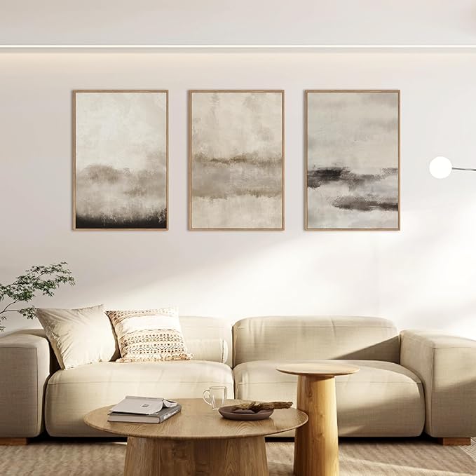 HPINUB Large Abstract Framed Canvas Wall Art Set,Minimalist Beige Gray Pastel Watercolor Wall Decor,Modern Illustration Neutral Art Painting for Living Room,Bedroom,Dining Room,Office -16"x24"x3