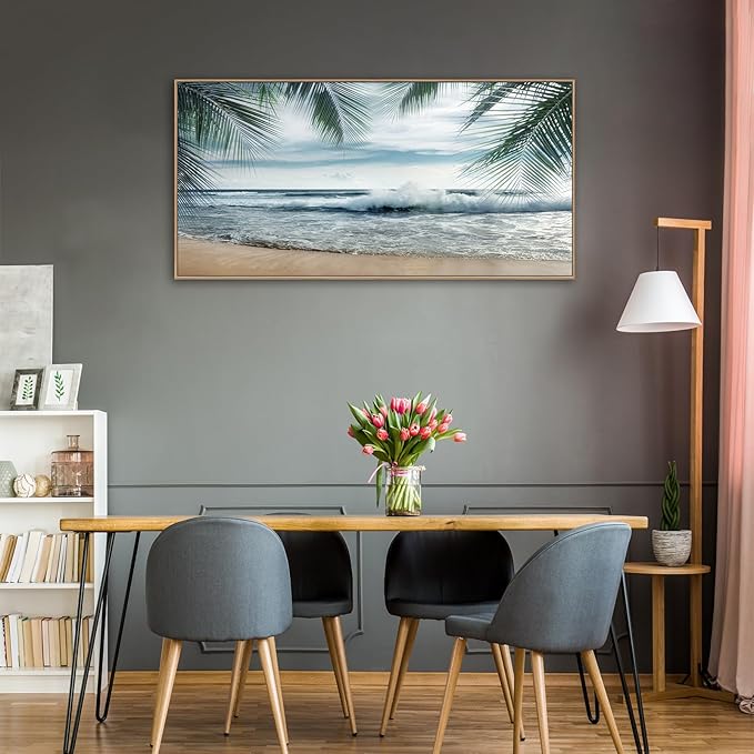 Framed Tropical Beach Wall Art - Ocean Waves Canvas Pictures Coastal Blue Sky and Sea Print Seaside Palm Tree Leaves Scene Painting Artwork Living Room Bedroom Office Home Decor 24" x 48"