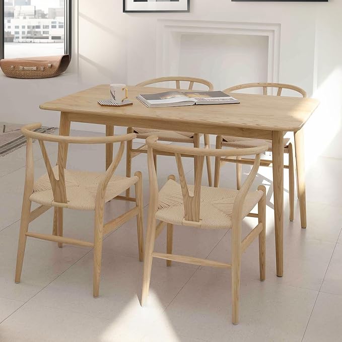 Wishbone Chair Natural Solid Wood Dining Chair/Hans Wegner Y Chair Rattan and Wood Accent Armrest Chairs - Ash Wood Chairs (Ash Wood + Natural Color)