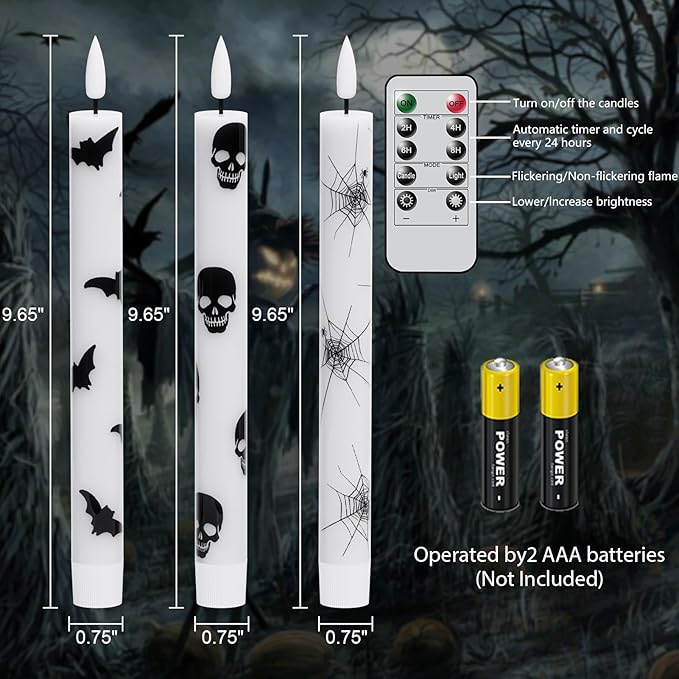 GenSwin Flameless Taper Candles with Remote Timer, 6Pcs LED Flickering Taper Candles Battery Operated Real Wax with Spider Webs/Skull/Bats Decals for Halloween Spooky Decoration (White, 0.78”x9.65”)