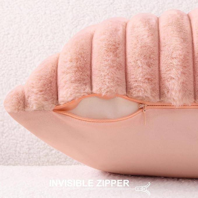 Pallene Faux Fur Plush Throw Pillow Covers 16x16 Set of 2, Luxury Soft Fluffy Striped Decorative Pillow Covers for Sofa, Couch, Living Room, Pink