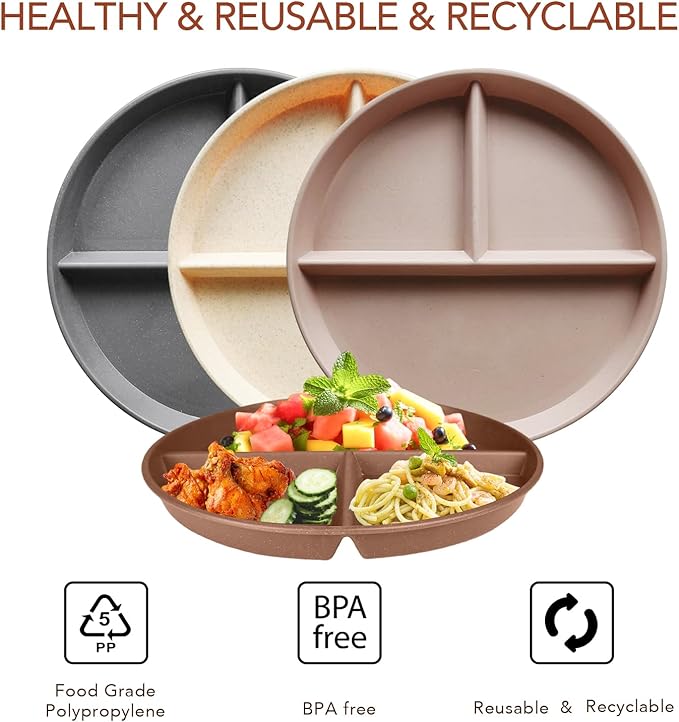 greenandlife 10 Inch 4PCS Unbreakable Portion Control Plates, Divided Plates for Kids Adults, Dishwasher & Microwave Safe Compartment Plate, Lightweight Reusable Wheat Straw Plate, Earth Tone