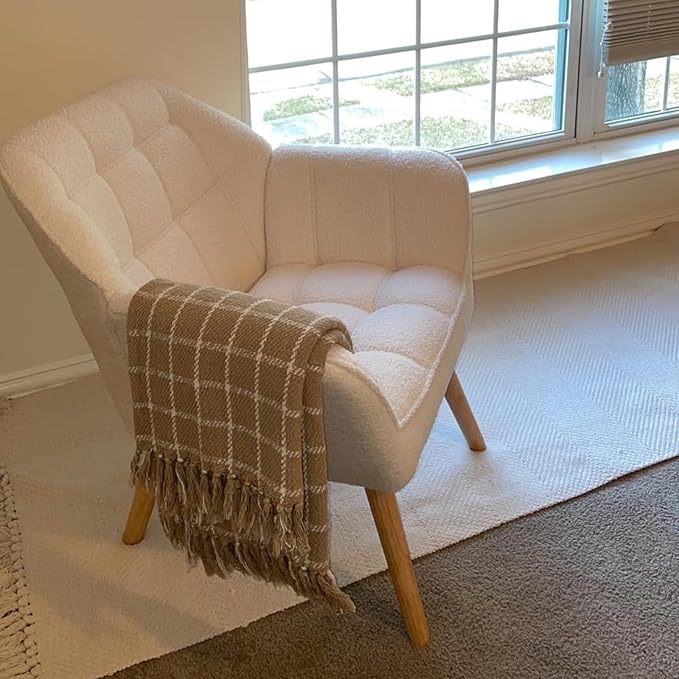 White Sherpa Accent Chair with Ottoman ，Modern Reading Chair with Ottoman Set, Comfy Fuzzy Armchair Living Room Chair Lounge Chair with Wood Legs for Small Spaces Bedroom Apartment