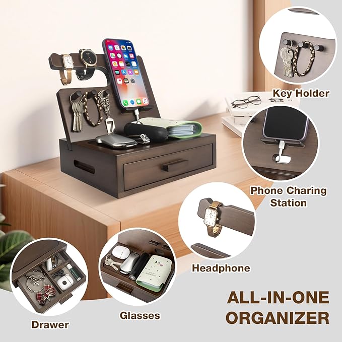 Solid Wood Nightstand Organizer, Docking Station, Gifts for Men, Made of Cedar, Versatile Bedside Table Organizer for Cellphone, Watch, Headphone, Keys, Dark Walnut