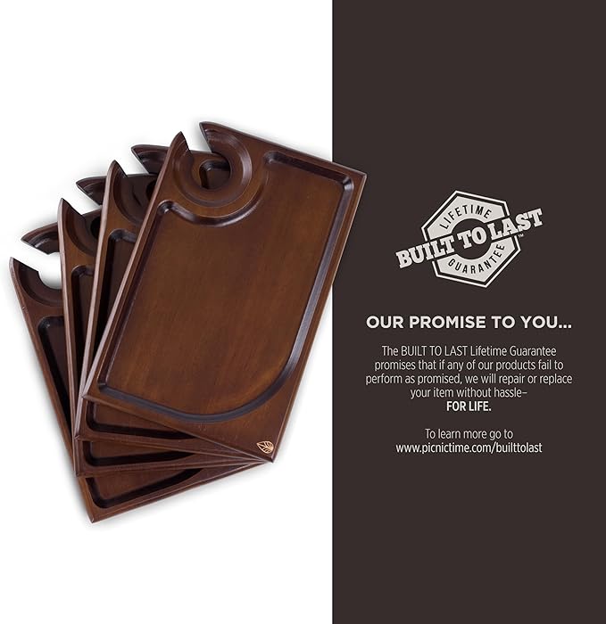 PICNIC TIME Rectangle Wine Appetizer Plates Set of 4, Cocktail Plate with Glass Holder, Cheese Board with Wine Holder, (Stained Parawood)