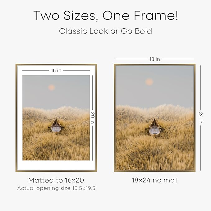 Homeforia Picture 18x24 Bronze Frame, High End Metal 18x24 Brass Poster Frames with Mat 16x20 for Photo, 18 x 24 Frame Matted to 16 x 20 Print, 24x18 Hanging Frames, Tempered Glass, Wall Kit, Set of 1
